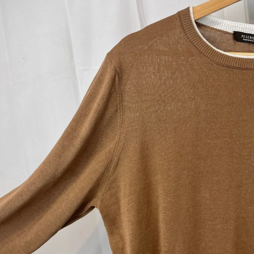 PESERICO Italy Maglia Tricot Knit Sweater Cotton Linen Crew Brown IT 52 US L XL